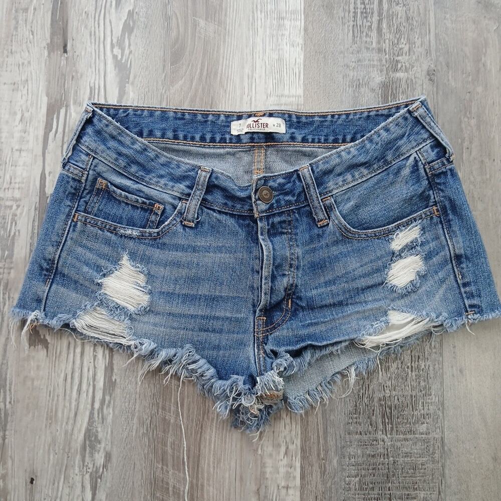 Hollister Jean Shorts Distress Raw Hem Y2K 100% Cotton Denim Button Fly sz 7 w28